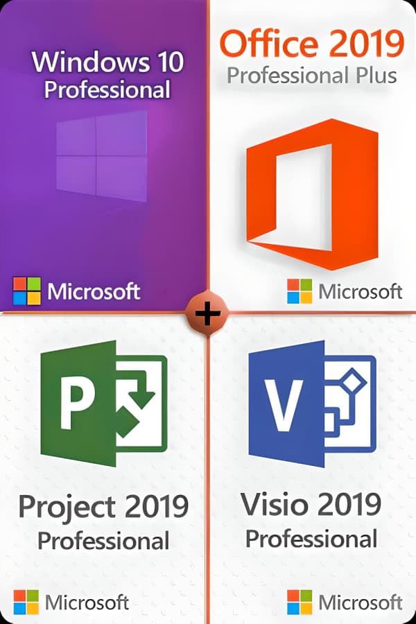 Microsoft Windows 10 Pro + Microsoft Visio 2019 Pro + Microsoft Project 2019 Pro + Microsoft Office 2019 Pro Plus license for 3 PCs