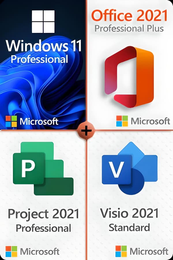 Microsoft Windows 11 Pro + Microsoft Project 2021 Pro + Microsoft Office 2021 Pro + Microsoft Visio 2021 Standard license for 3 PCs